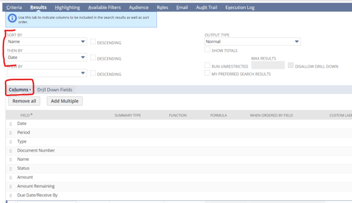 Accounts Receivable NetSuite saved search columns