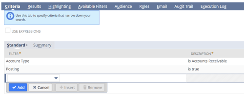 Accounts Receivable NetSuite saved search criteria