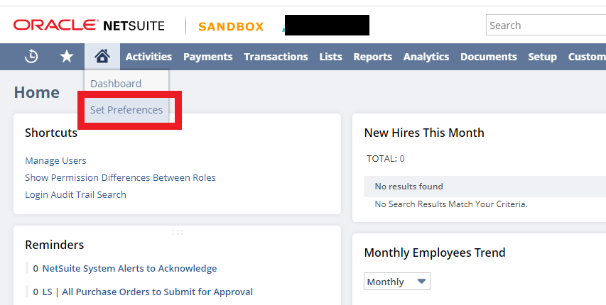 NetSuite Set Preferences