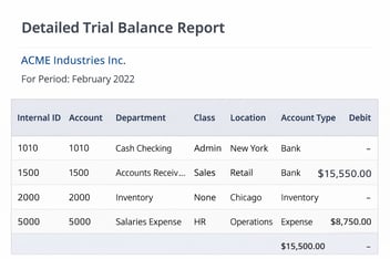 Example of a detailed trial balance report in NetSuite showing account, department, class, location, and debit and credit columns.
