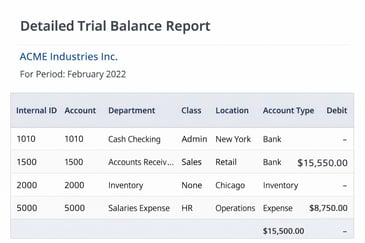 Example of a detailed trial balance report in NetSuite showing account, department, class, location, and debit and credit columns.