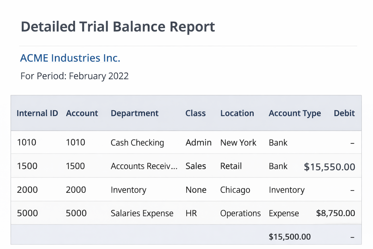 Example of a detailed trial balance report in NetSuite showing account, department, class, location, and debit and credit columns.